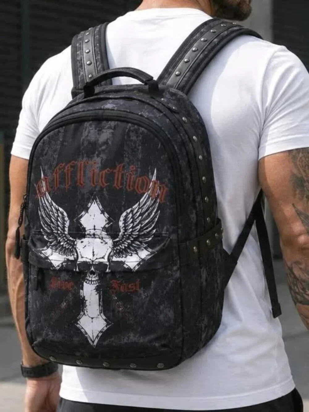 Affliction Live Fast Backpack Black Skull Wing Cross Studded Laptop Travel